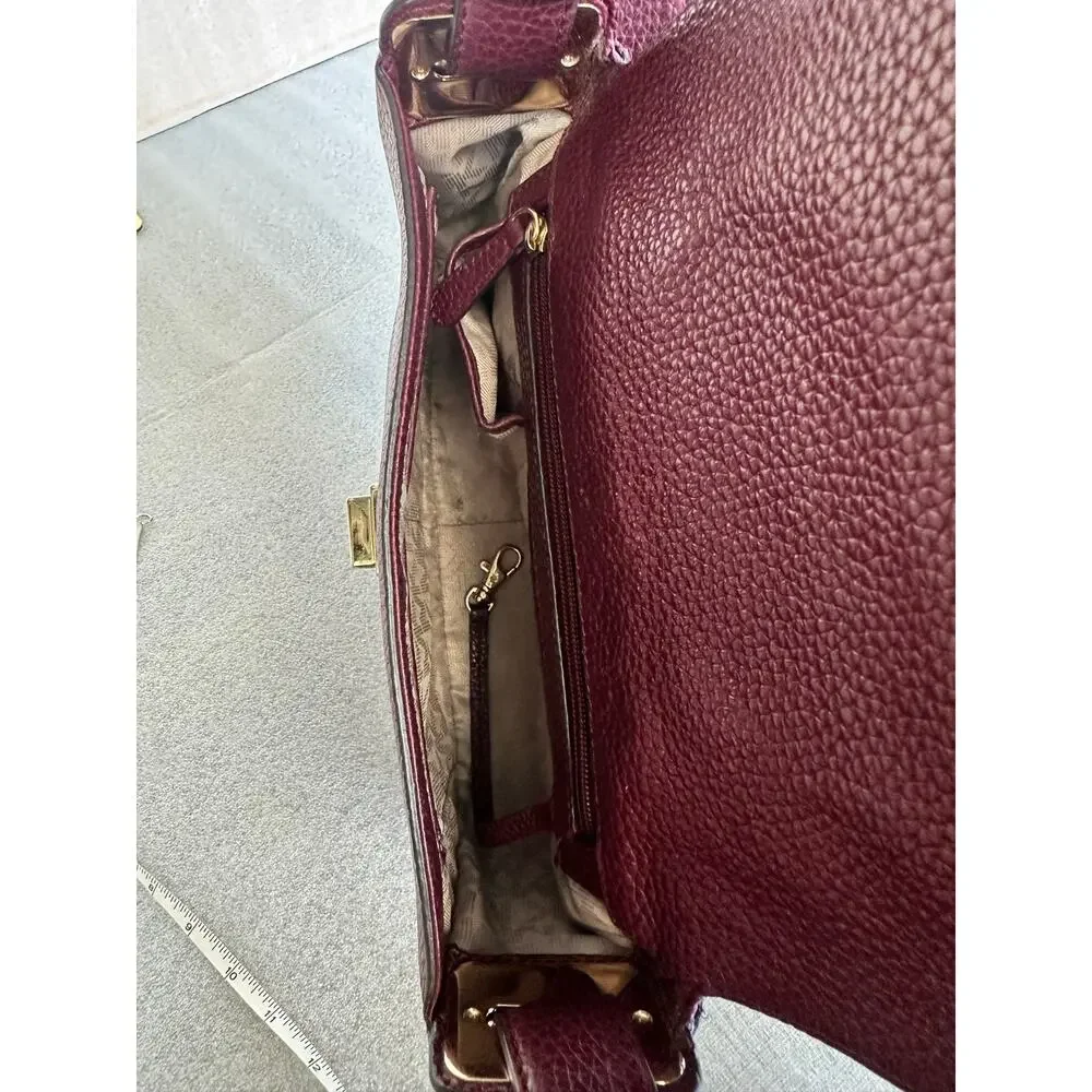 Michael Kors Lila Large Shoulder Flap Bag Burgundy Pebbled Leather Patent Stripe